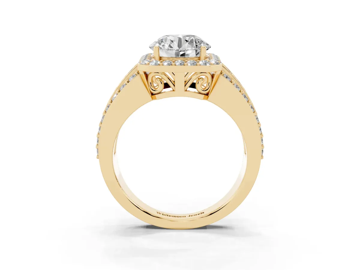 Round Cut Halo Diamond Ring with Round Split Shank and Prong Setting Yellow gold