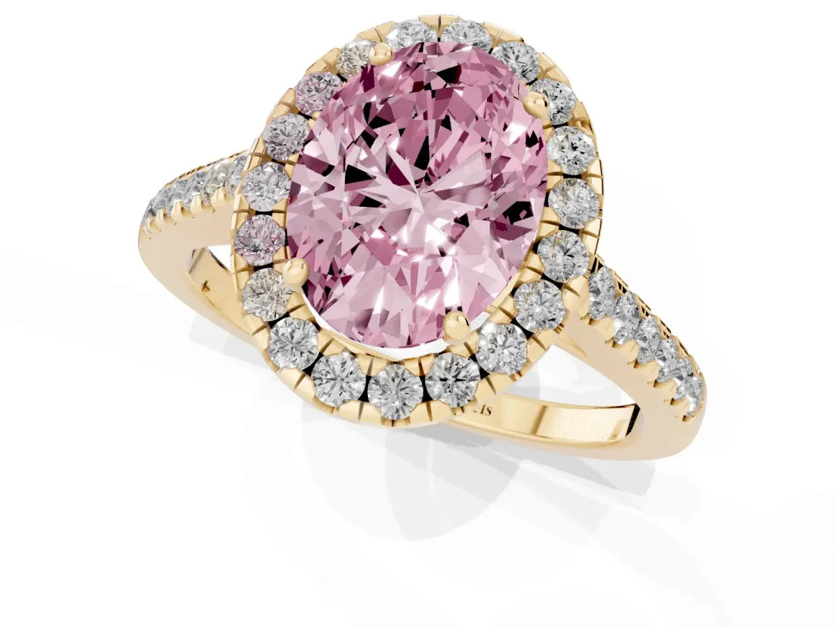 Fancy Pink Oval Cut Halo Pave Diamond Engagement Ring with Four-Prong Setting Yellow gold