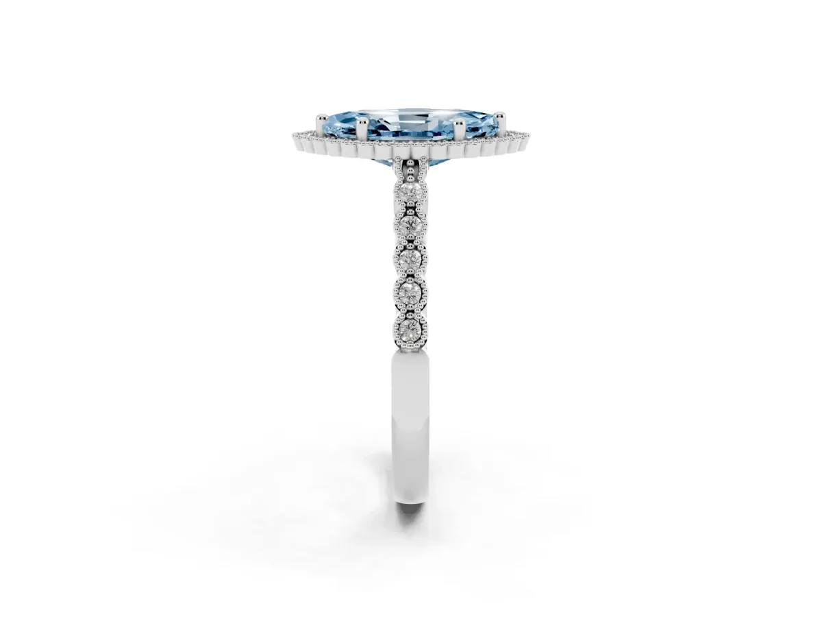 Fancy Blue Marquise Cut Cut Halo Pavé Solitaire Ring with Milgrain Band Silver