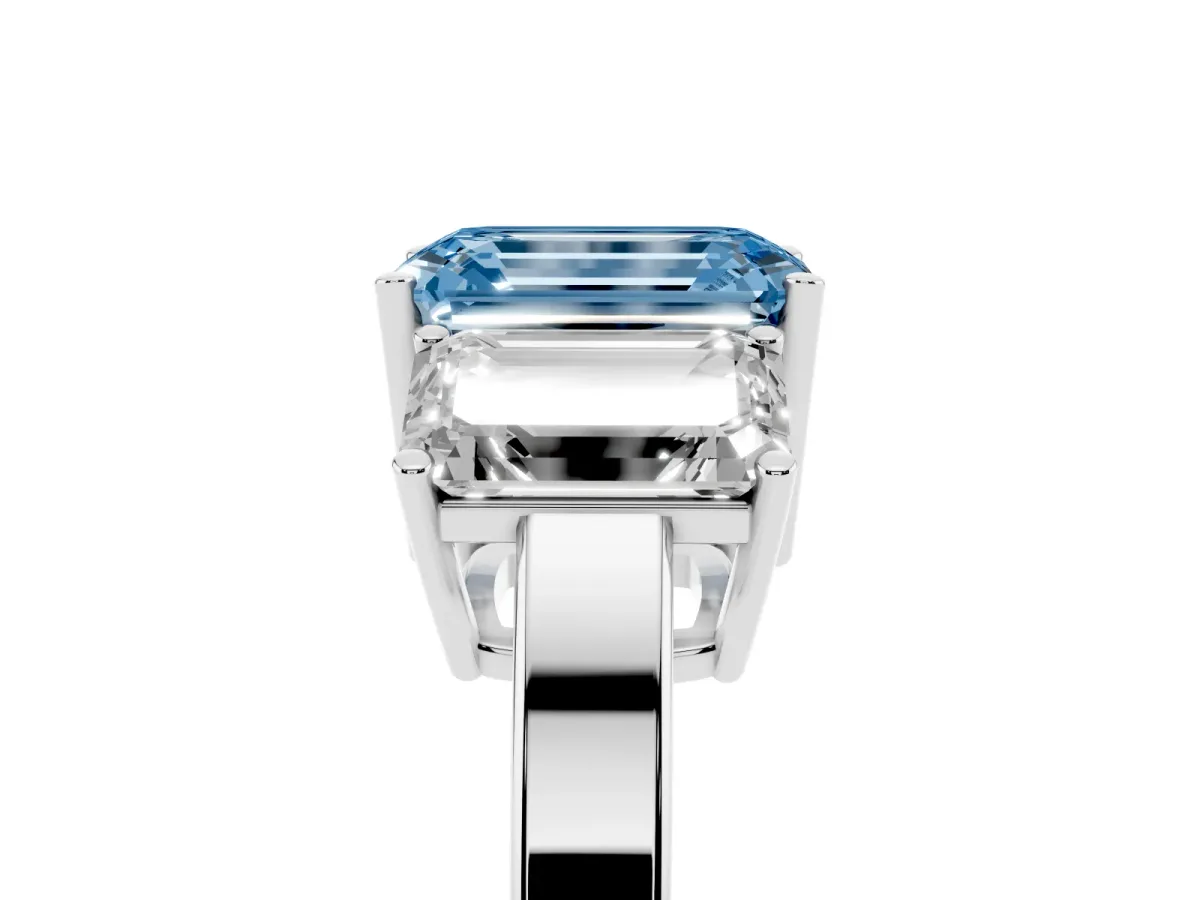 Fancy Blue Three-Stone Emerald Cut Cut Diamond Engagement Ring with Flat Band and Four-Prong Setting Platinum