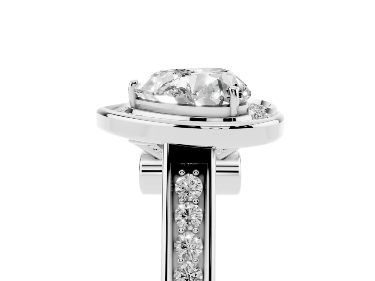 Heart Cut Halo Solitaire Diamond Ring with Pave Band and Bezel Setting Platinum