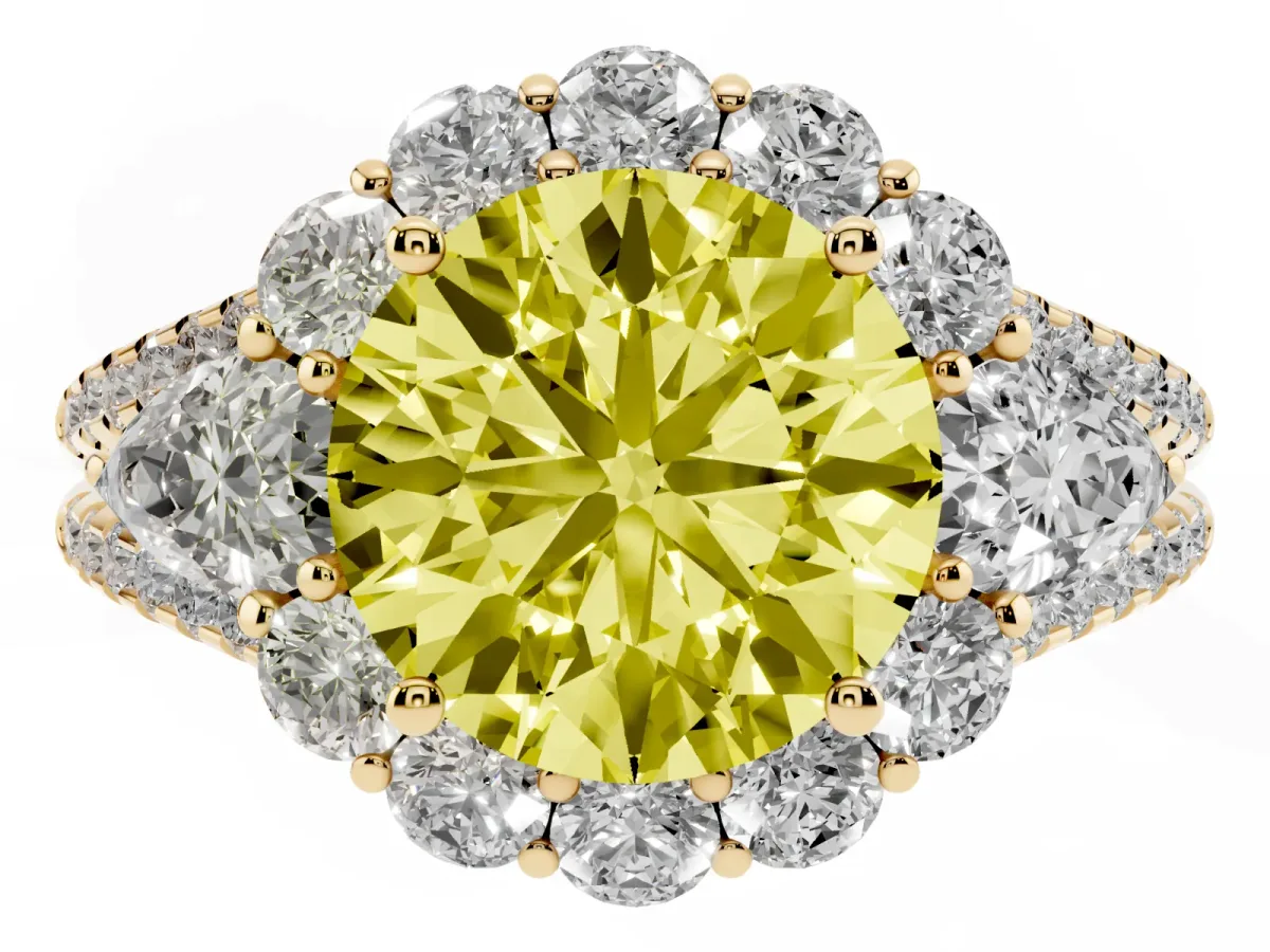 Fancy Yellow Round Cut Halo Split Shank Diamond Engagement Ring with Prong Setting Yellow gold