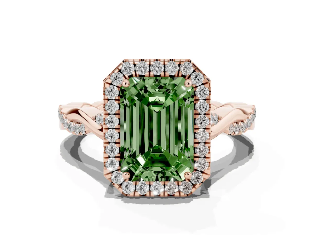 Fancy Green Emerald Cut Halo Twist Band Solitaire Ring Rose gold