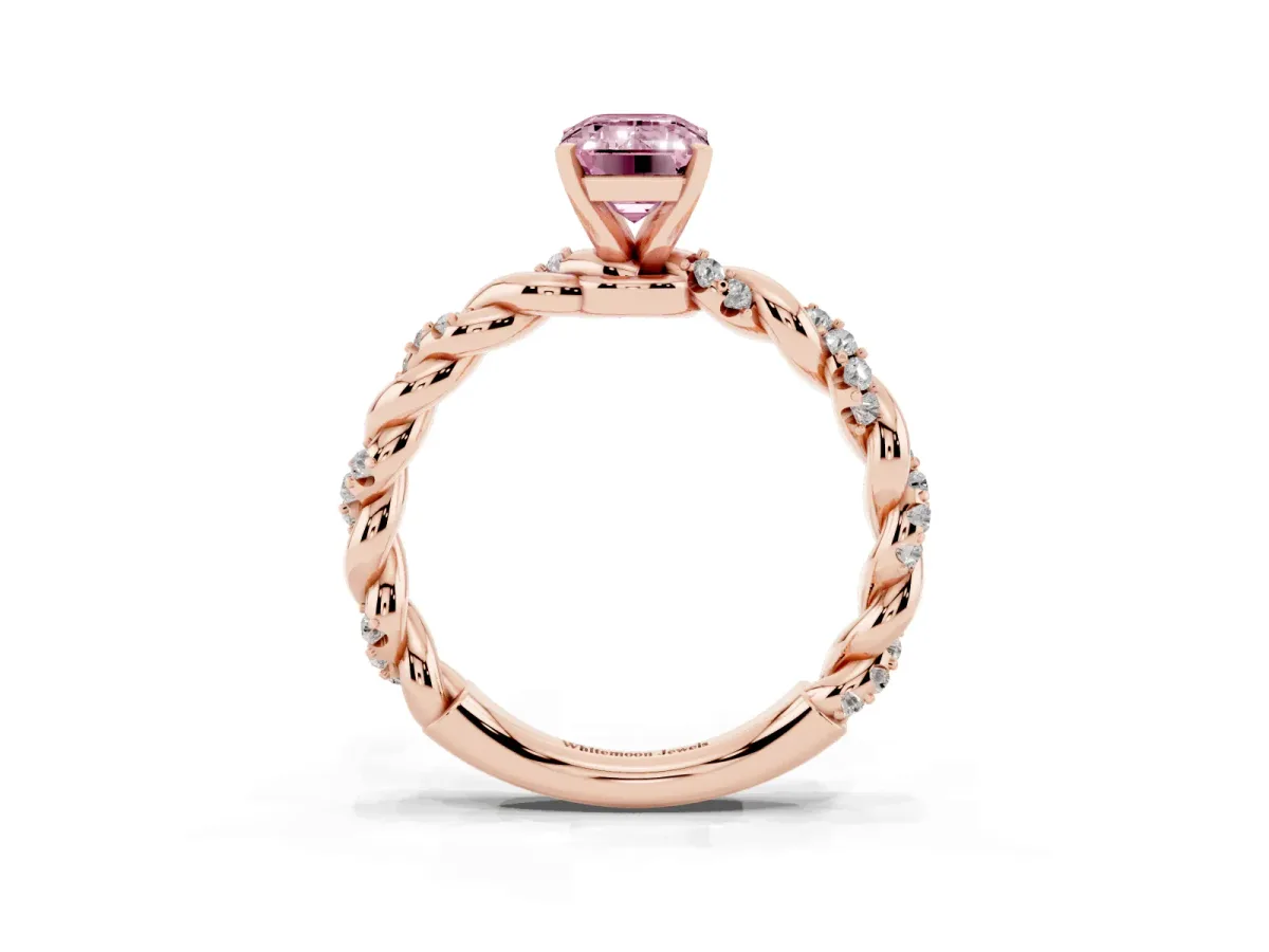 Fancy Pink Emerald Cut Diamond Solitaire Ring with Twisted Band and Pavé Accents Rose gold