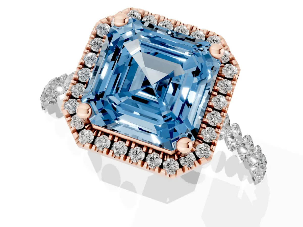 Fancy Blue Asscher Cut Halo Pavé Diamond Engagement Ring with Four-Prong Setting Rose gold