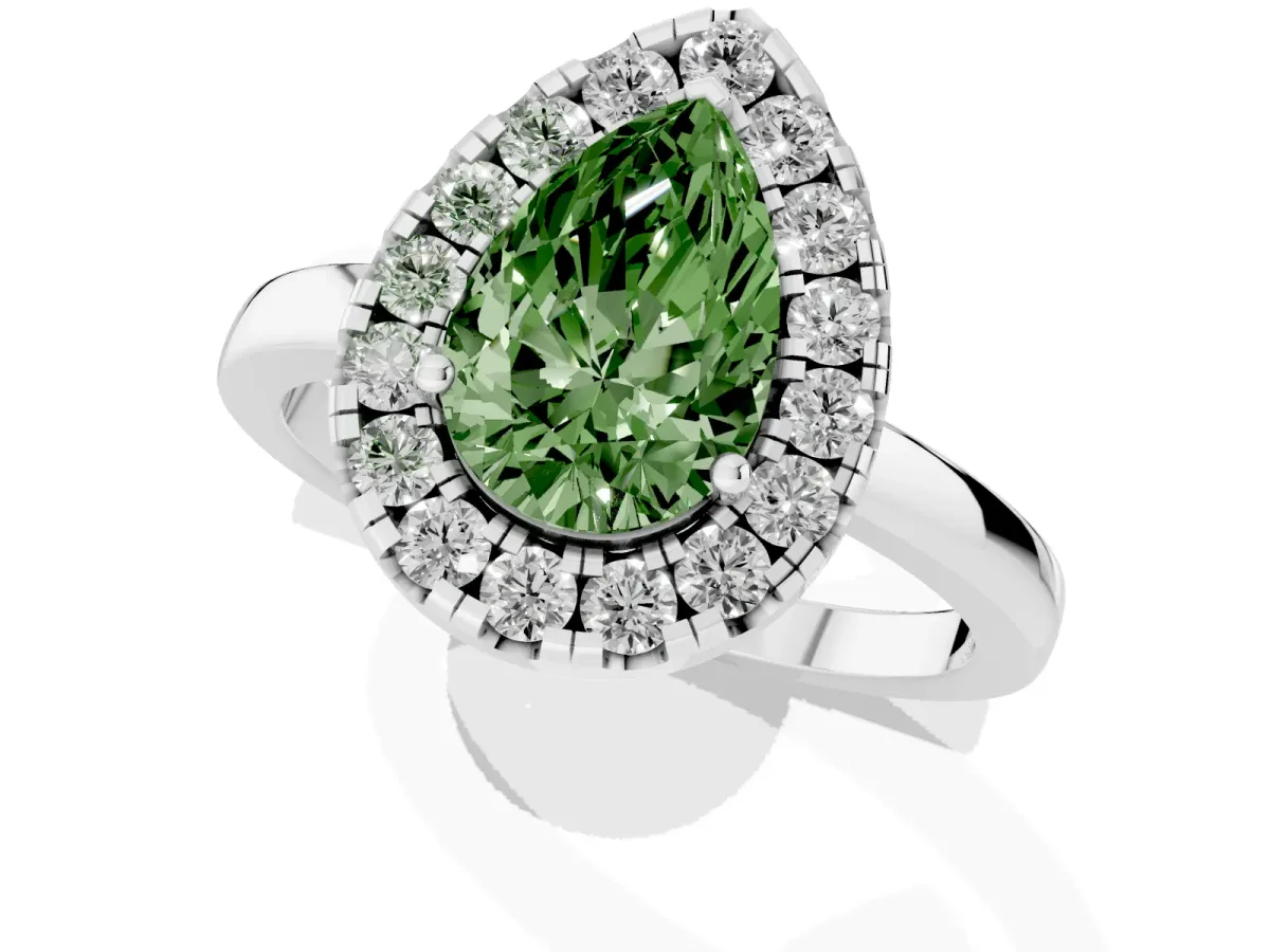 Fancy Green Pear Cut Halo Diamond Solitaire with Pavé Band and Four-Prong Setting Silver