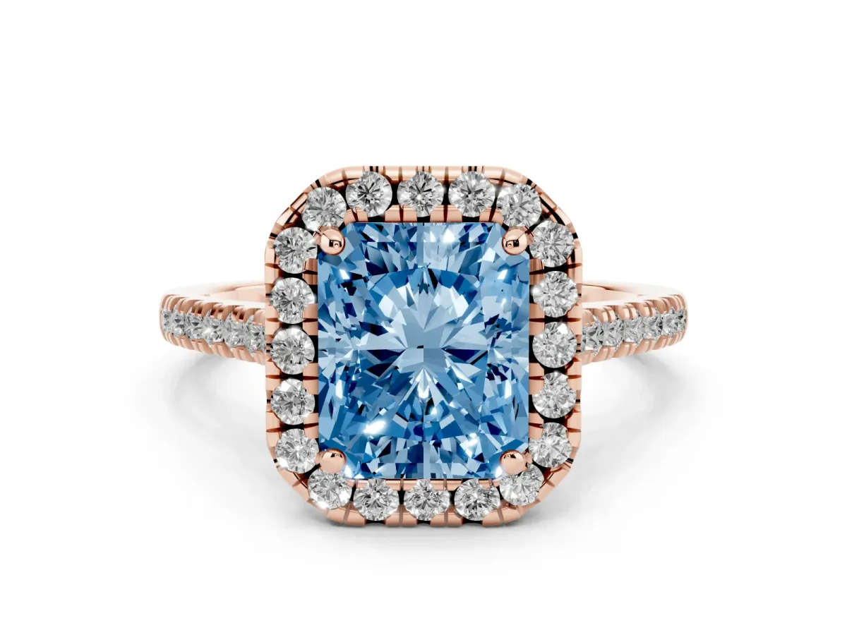 Fancy Blue Radiant Cut Diamond Cushion Halo Ring with Pavé Band Rose gold