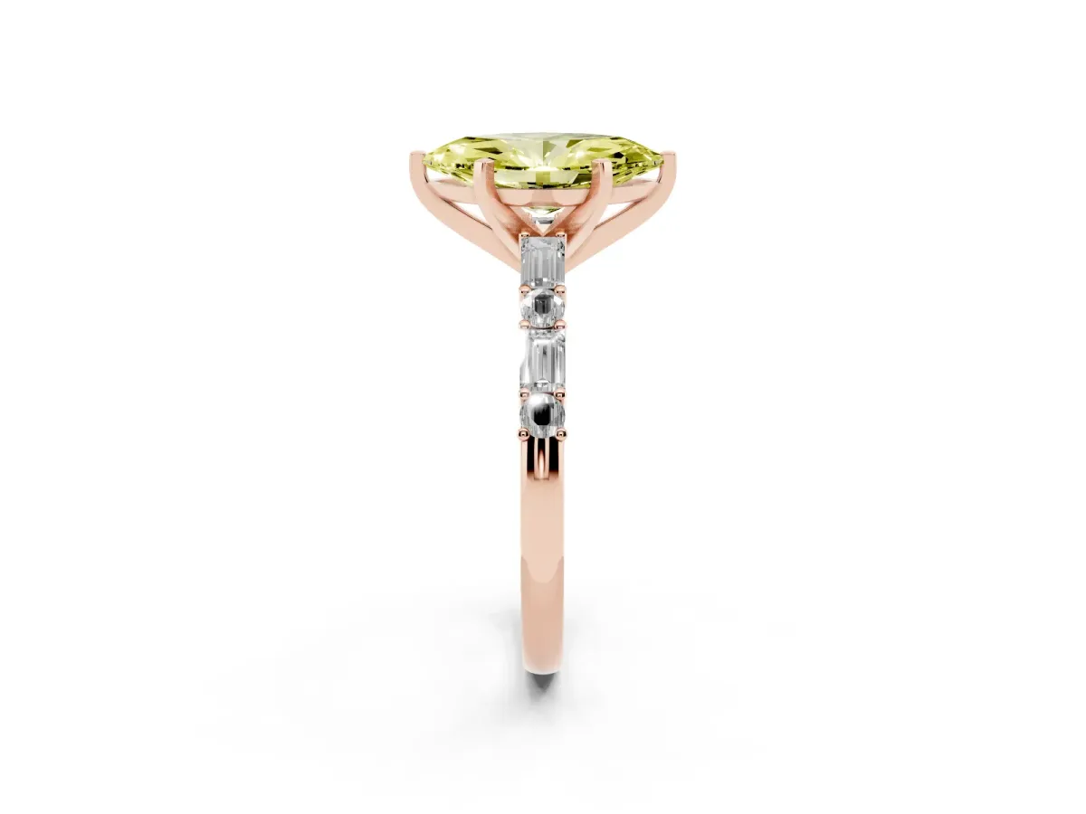 Fancy Yellow Marquise Cut Diamond Solitaire with Side Baguettes and Channel Set Band Rose gold