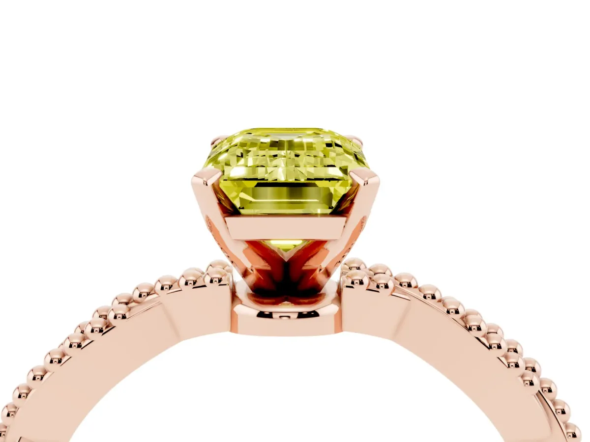 Fancy Yellow Emerald Cut Solitaire Twisted Band with Bead Prong Setting Rose gold