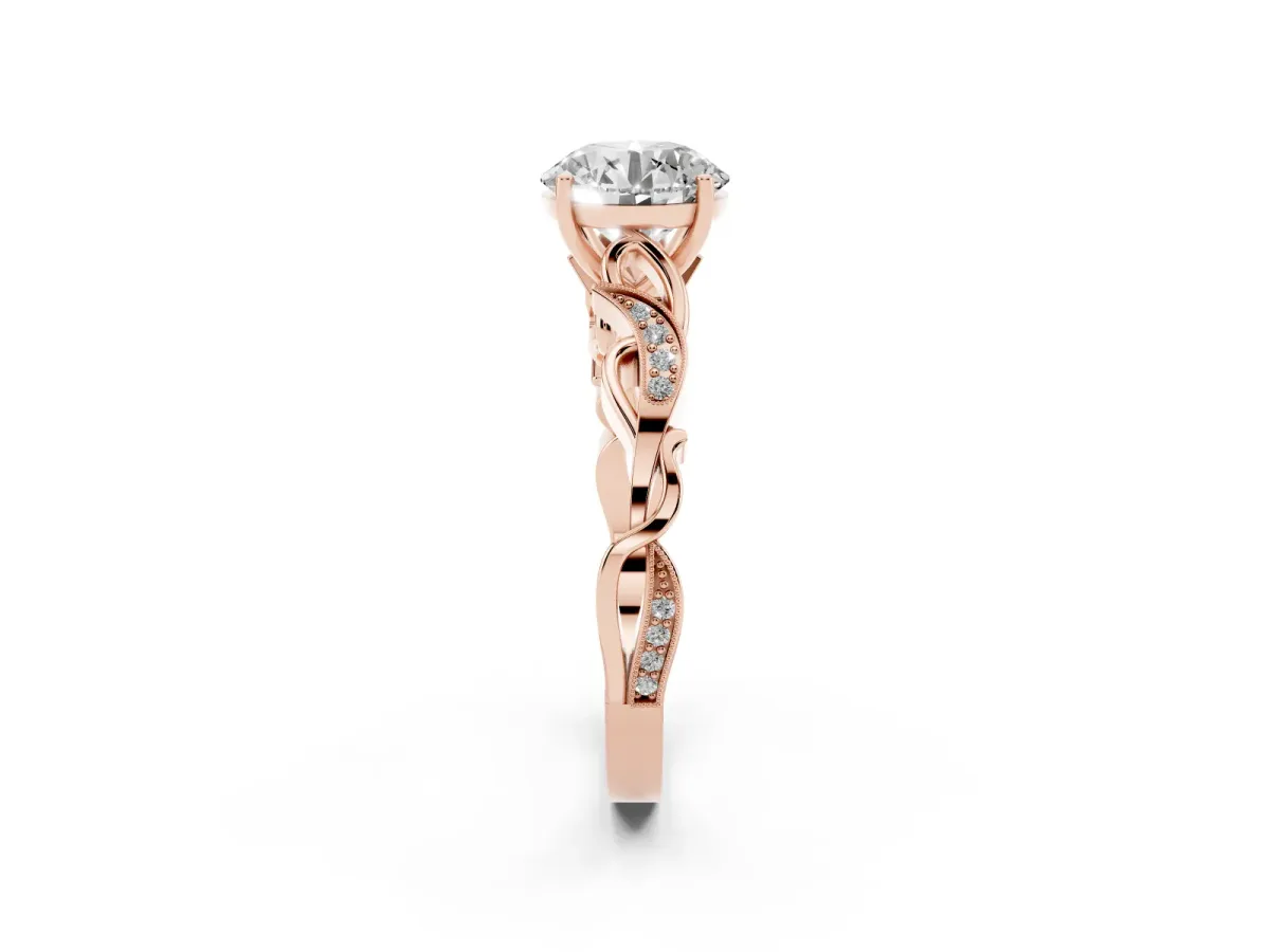 Round Cut Solitaire Vine Band with Milgrain Prong Setting Rose gold