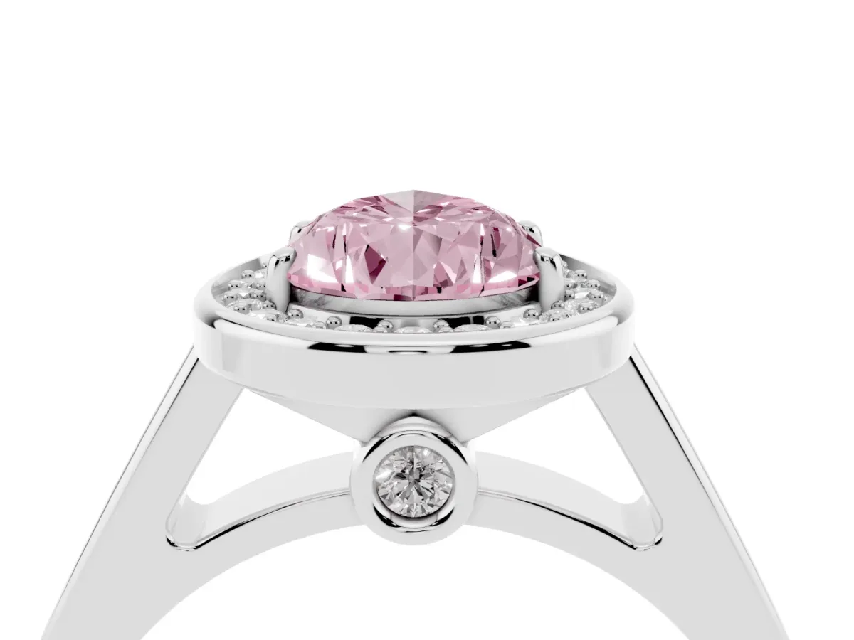 Fancy Pink Pear Cut Halo Solitaire Diamond Ring with Pave Band and Bezel Setting Silver