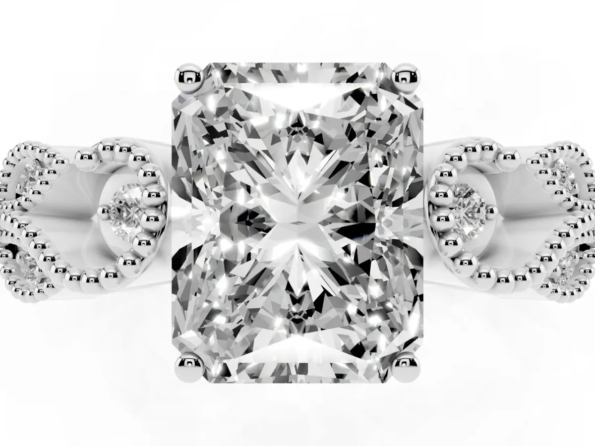 Radiant Cut Solitaire Milgrain Leaf Band with Prong Setting White gold