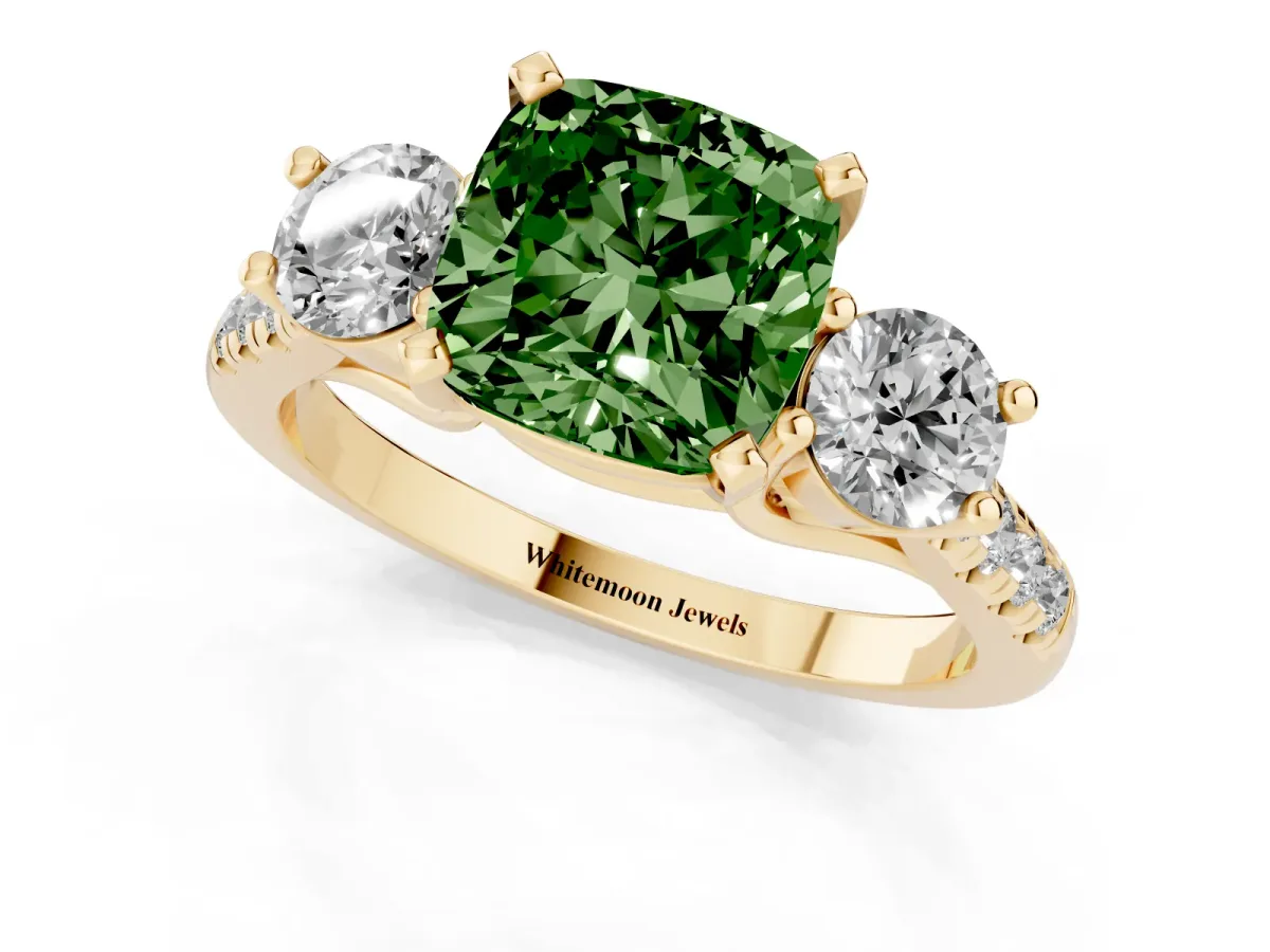 Fancy Green Three-Stone Cushion Cut Diamond Pavé Band with Four-Prong Setting Yellow gold
