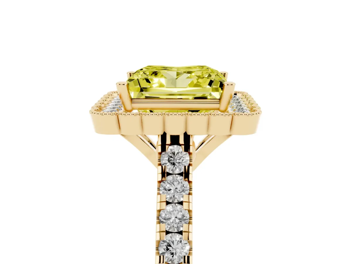 Fancy Yellow Princess Cut Cut Diamond Milgrain Floral Halo Engagement Ring with Pavé Band Yellow gold