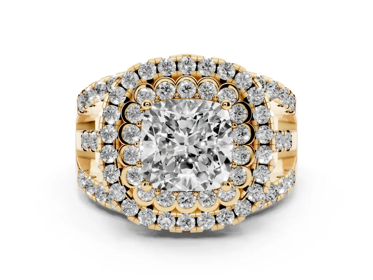 Cushion Cut Diamond Double Halo Ring with Round Pavé Split Shank and Prong Setting Yellow gold