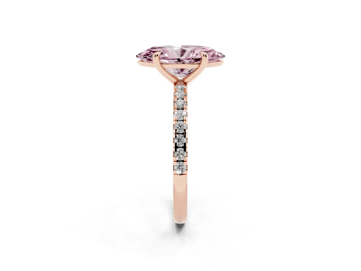 Fancy Pink Marquise Cut Diamond Brilliant Solitaire Ring with Pavé Band and Four-Prong Setting Rose gold