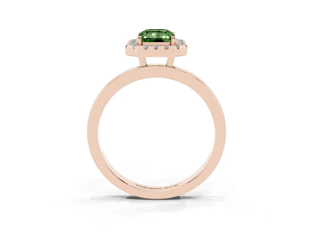 Fancy Green Emerald Cut Halo Diamond Solitaire with Pavé Band and Four-Prong Setting Rose gold