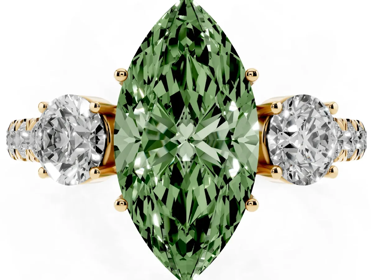 Fancy Green Marquise Cut Cut Diamond Three-Stone Ring with Round Side Stones and Pavé Band Yellow gold