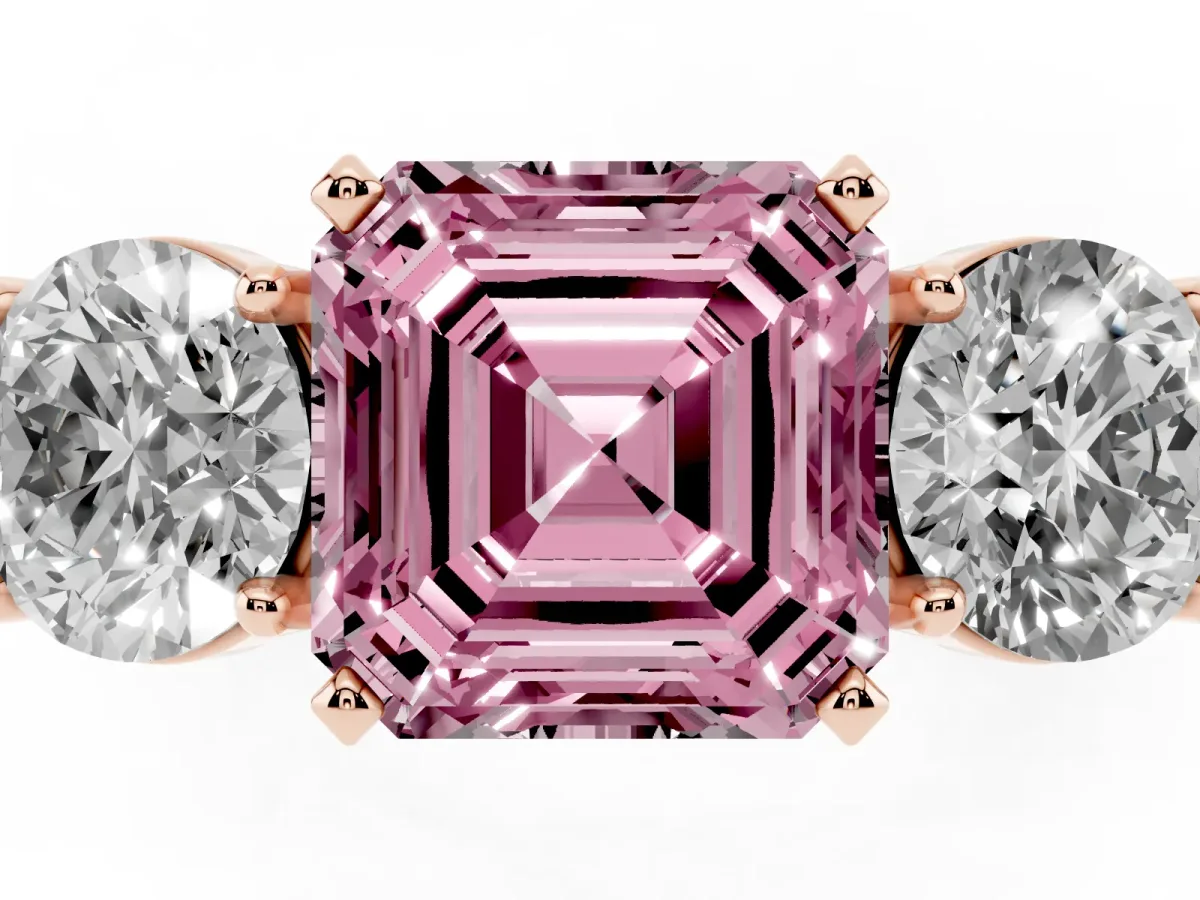 Fancy Pink Three-Stone Asscher Cut Diamond Ring with Round Side Stones, Classic Band, and Four-Prong Setting Rose gold