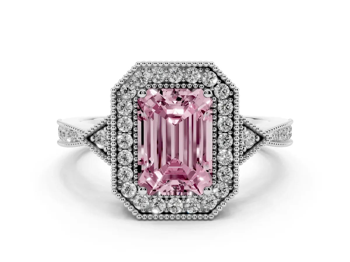 Fancy Pink Emerald Cut Halo Round Diamond Milgrain Pave Engagement Ring Silver