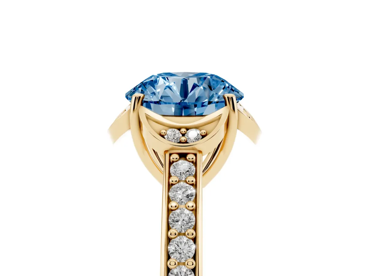 Fancy Blue Round Cut Cut Halo Diamond Ring with Channel Set Band and Four-Prong Setting Yellow gold