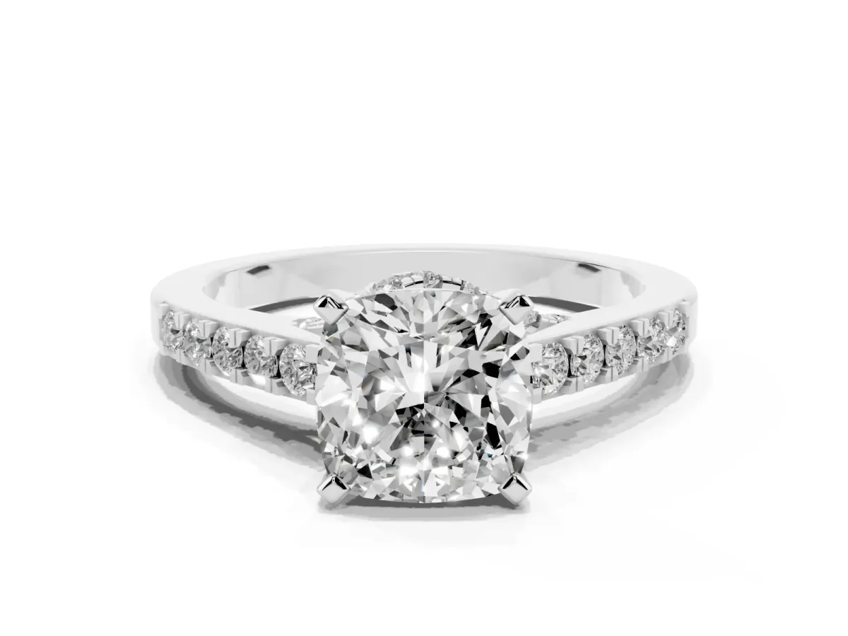 Cushion Cut Diamond Solitaire Ring with Crossover Gallery and Round Pavé Band Silver