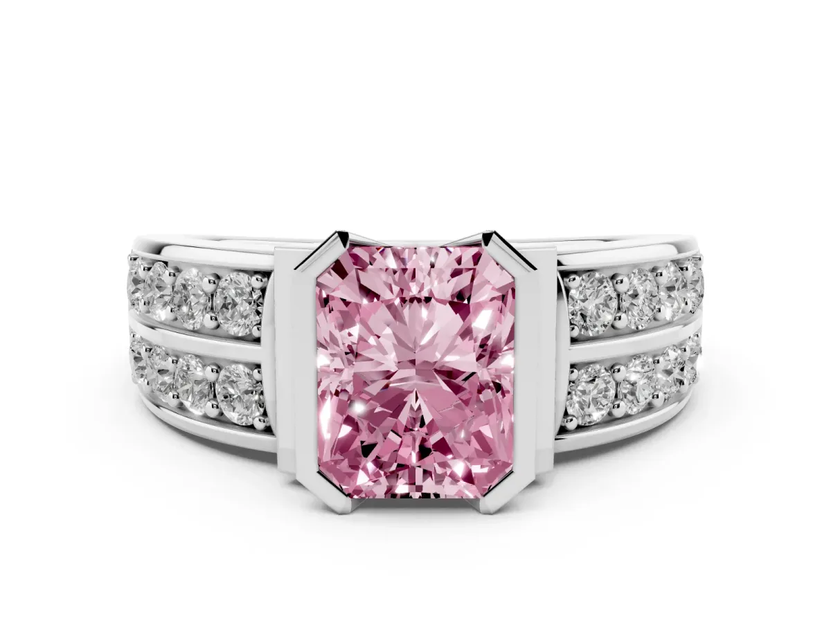 Fancy Pink Radiant Cut Brilliant Diamond Channel Set Wide Band Ring with Bezel Setting Silver