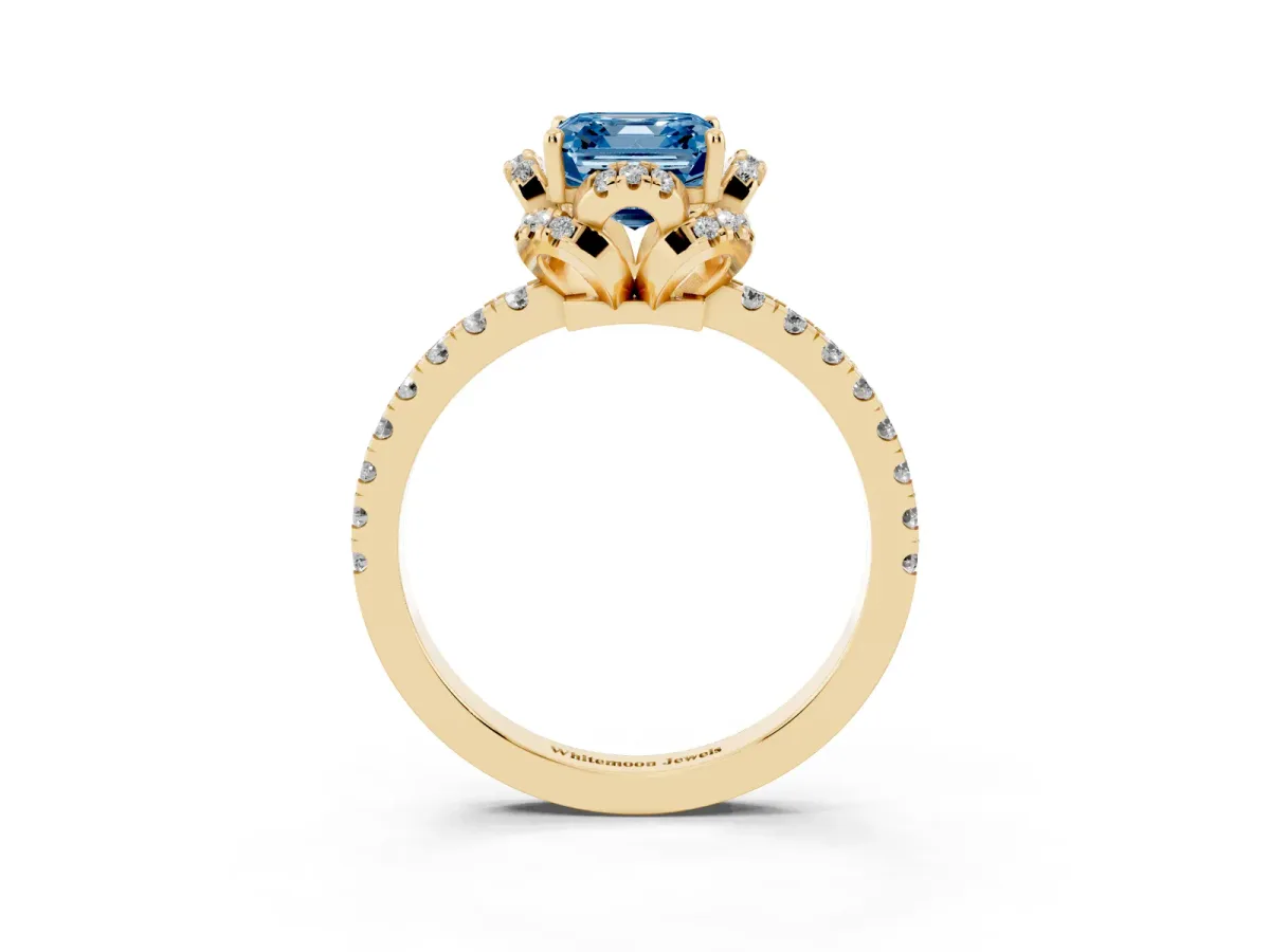 Fancy Blue Asscher Cut Halo Diamond Pave Band Ring with Four-Prong Setting Yellow gold