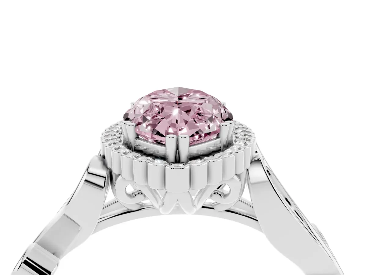 Fancy Pink Marquise Cut Diamond Halo Ring with Vintage Split Shank and Four-Prong Setting Platinum