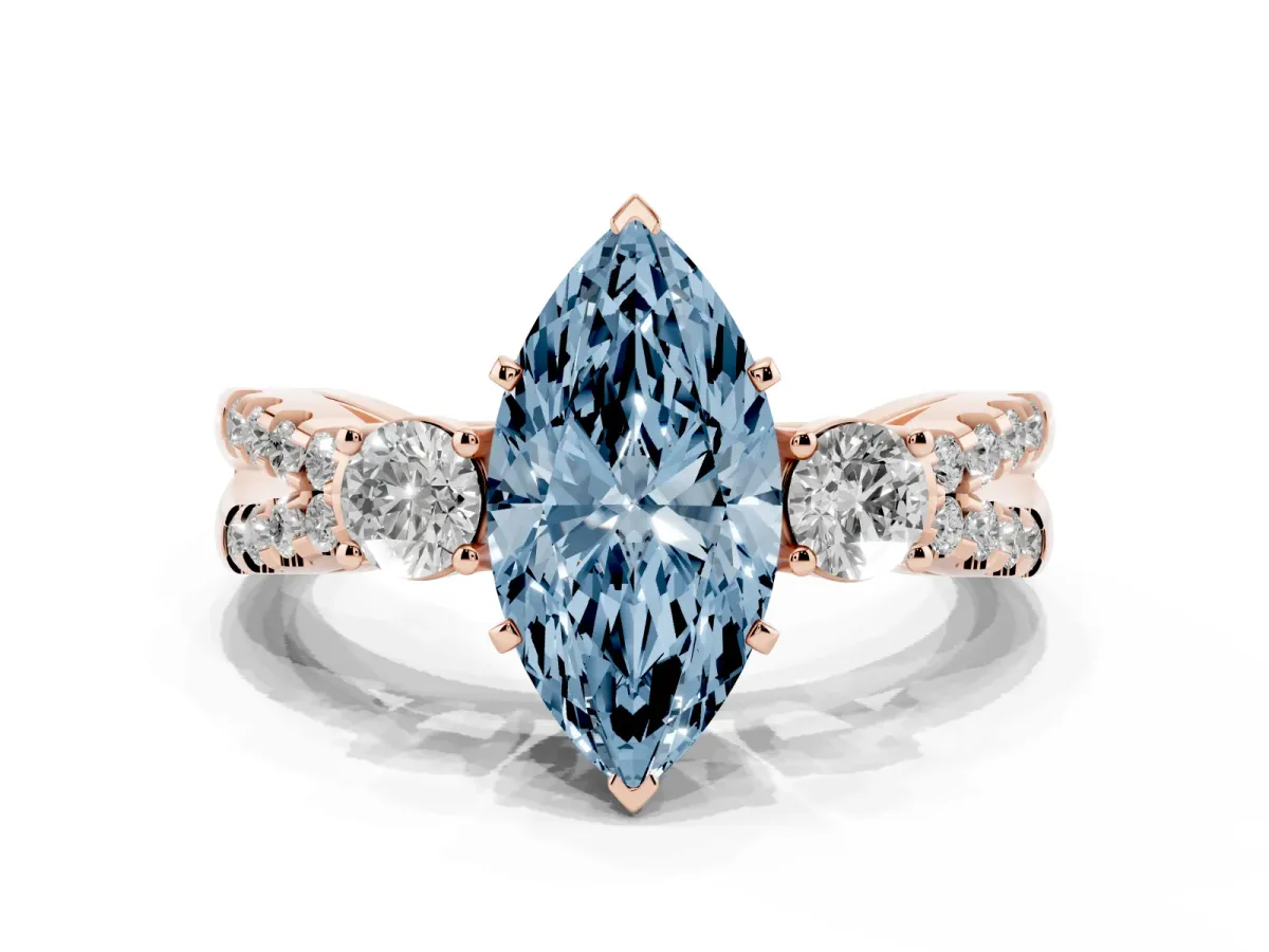 Fancy Blue Marquise Cut Diamond Three-Stone Ring with Pavé Split Shank and Four-Prong Setting Rose gold