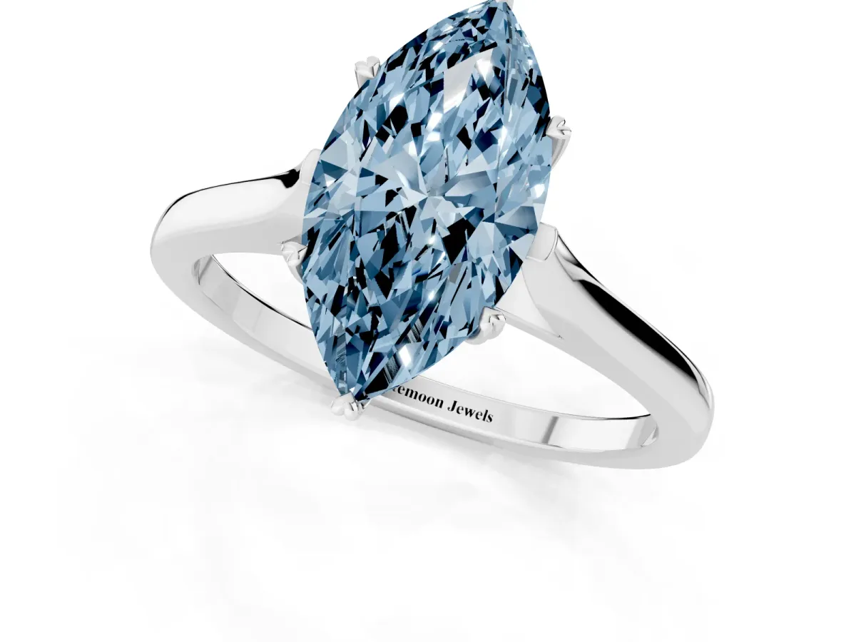 Fancy Blue Marquise Cut Solitaire Heart Prong Engagement Ring with Tapered Band Platinum