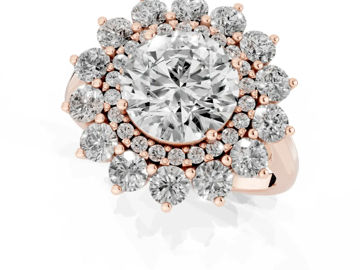 Round Cut Diamond Floral Double Halo Engagement Ring with Prong Setting Rose gold