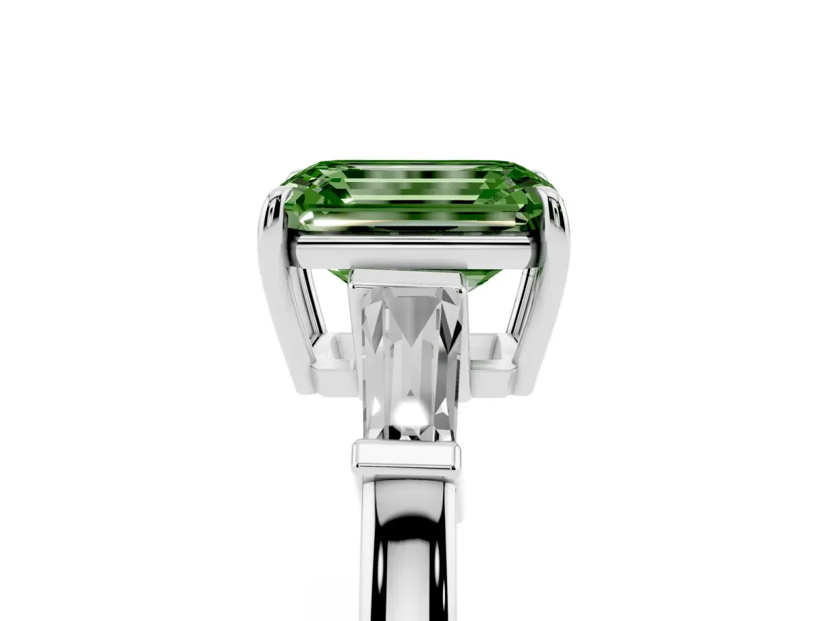 Fancy Green Emerald Cut Diamond Three-Stone Ring with Tapered Baguette Side Stones and Prong Setting Silver