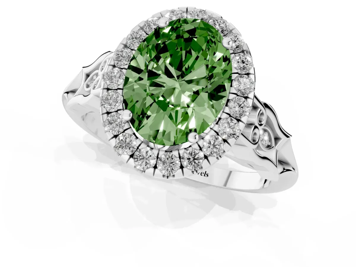Fancy Green Oval Cut Halo Diamond Engagement Ring with Filigree Band and Four-Prong Setting Platinum