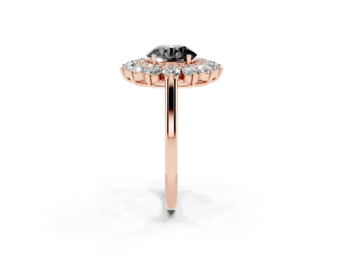 Fancy Black Round Cut Diamond Floral Double Halo Engagement Ring with Prong Setting Rose gold