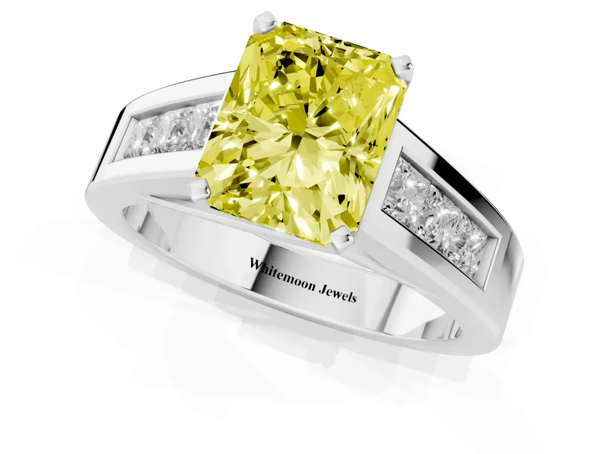 Fancy Yellow Radiant Cut Cut Channel Set Solitaire Ring with Four-Prong Setting White gold