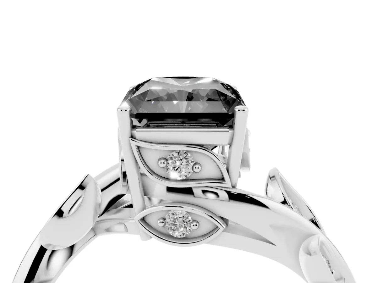 Fancy Black Radiant Cut Solitaire Twist Engagement Ring with Leaf Accents and Prong Setting White gold