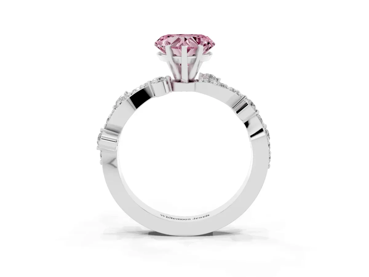 Fancy Pink Heart Cut Cut Solitaire Diamond Twisted Band with Pave Setting Platinum