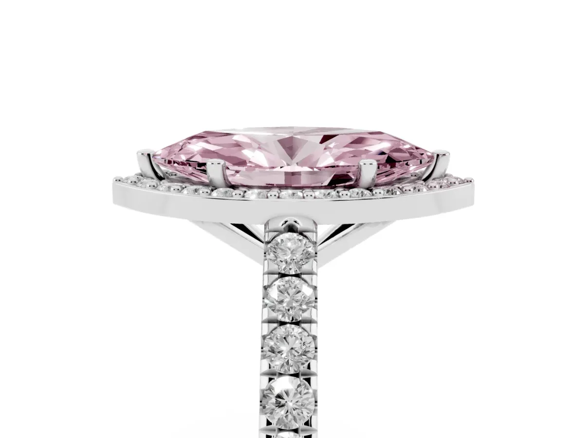 Fancy Pink Marquise Cut Cut Halo Diamond Engagement Ring with Pave Band and Four-Prong Setting White gold