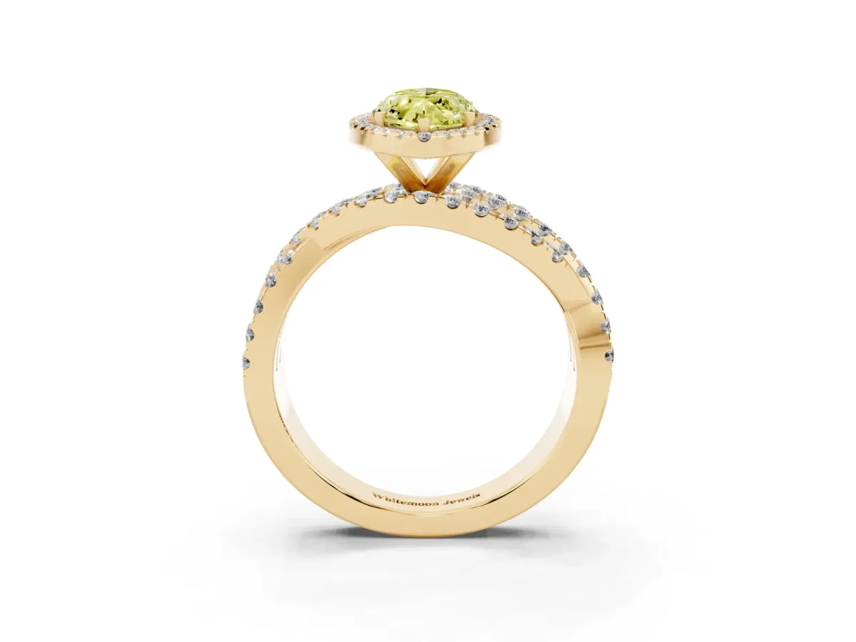 Fancy Yellow Marquise Cut Diamond Halo Ring with Round Split Shank and Prong Setting Yellow gold