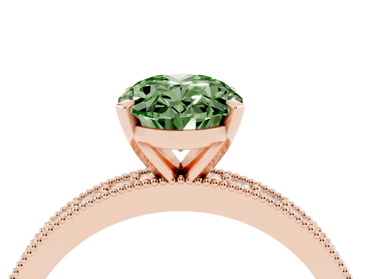 Fancy Green Oval Cut Diamond Milgrain Pavé Engagement Ring with Four-Prong Setting Rose gold
