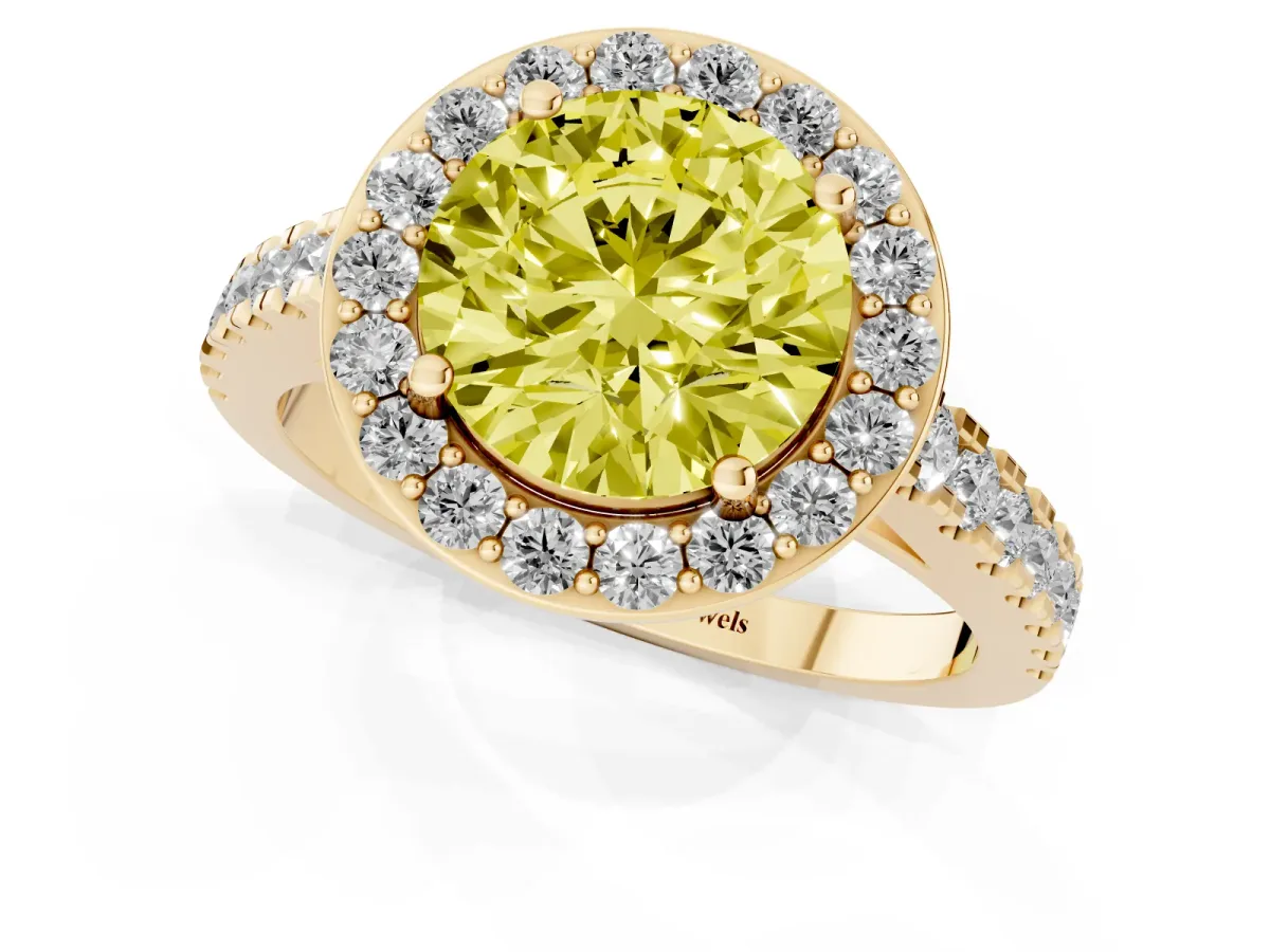Fancy Yellow Round Cut Diamond Halo Ring with Round Pavé Split Shank and Prong Setting Yellow gold