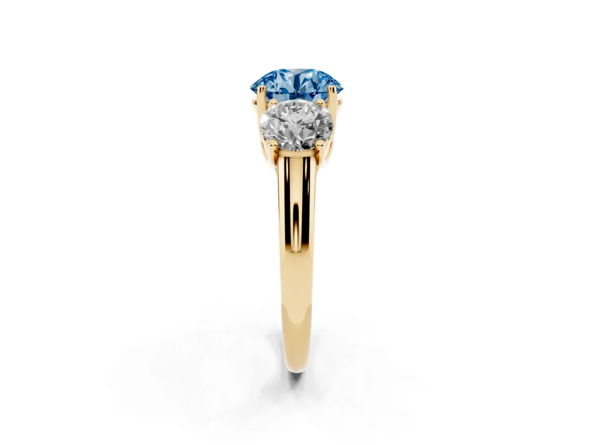 Fancy Blue Three-Stone Round Cut Diamond Engagement Ring with Prong Setting Yellow gold