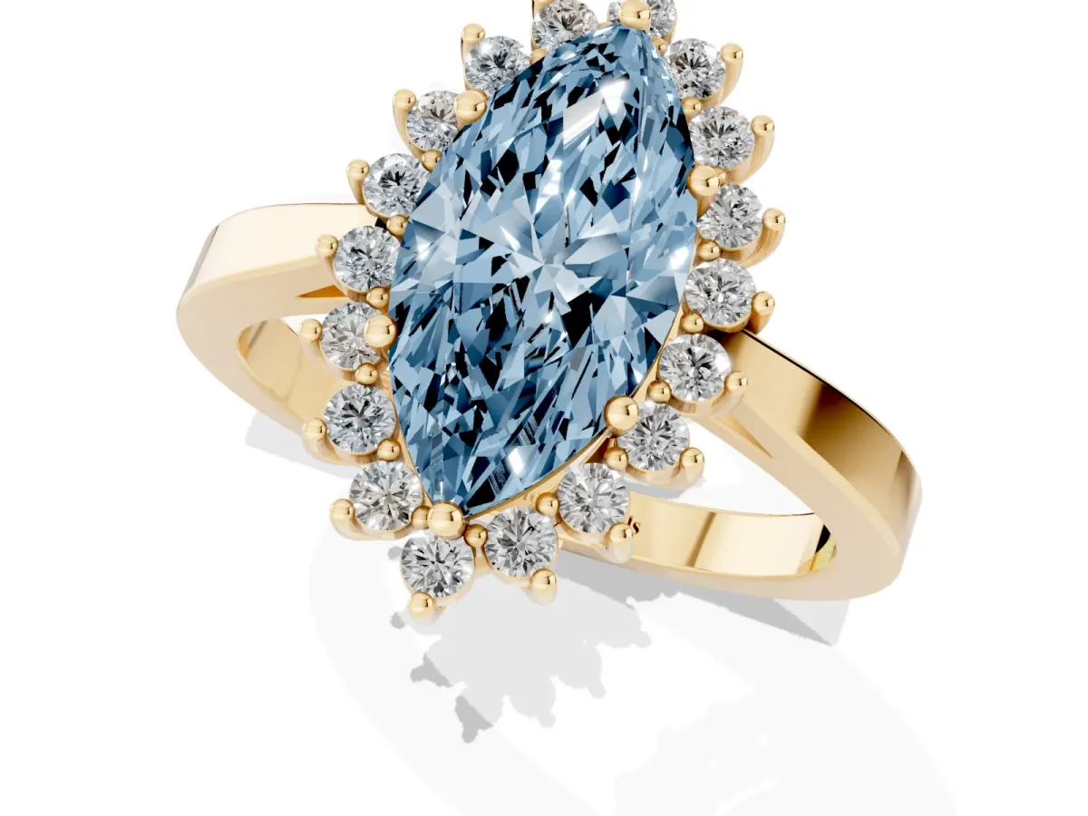 Fancy Blue Marquise Cut Cut Diamond Halo Ring with Round Brilliant Halo and Solitaire Band Yellow gold