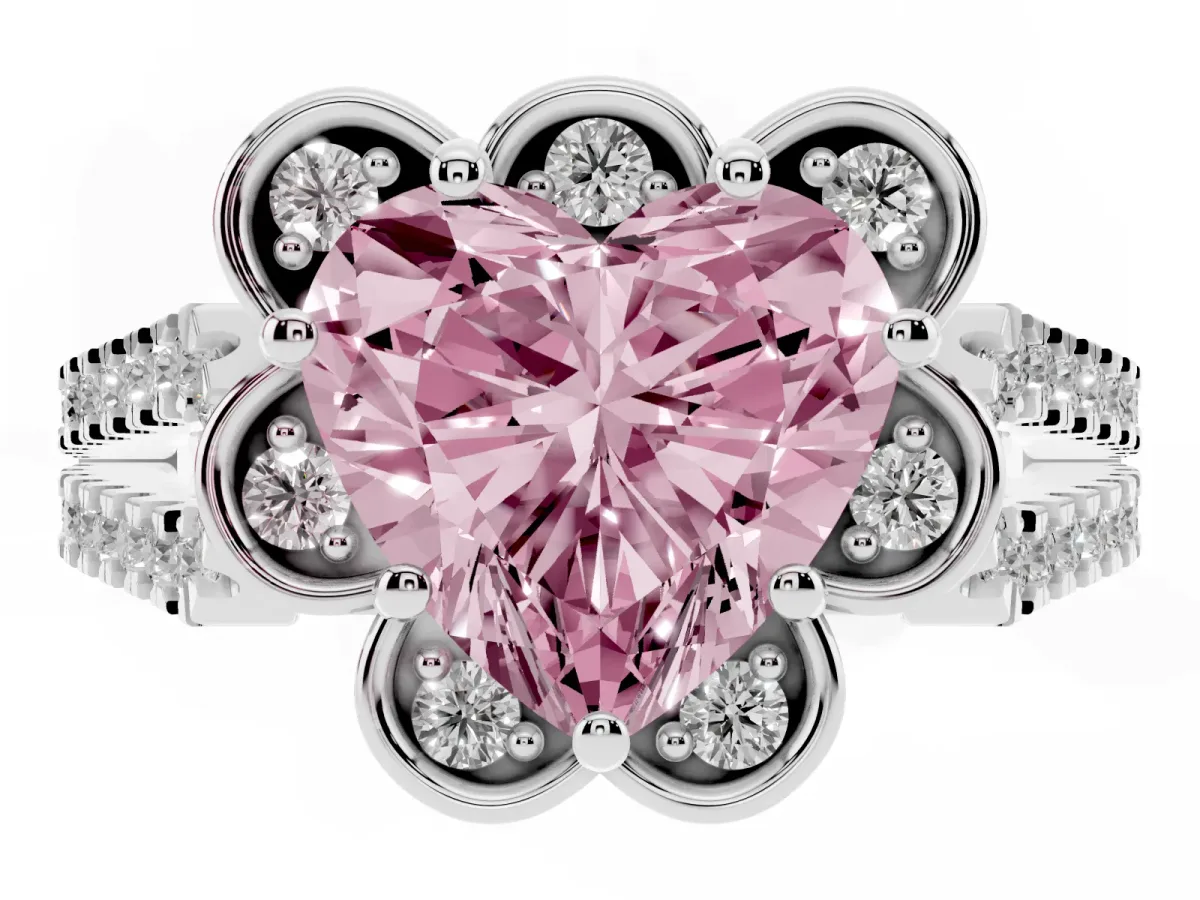 Fancy Pink Heart Cut Halo Diamond Floral Split Shank Engagement Ring Silver