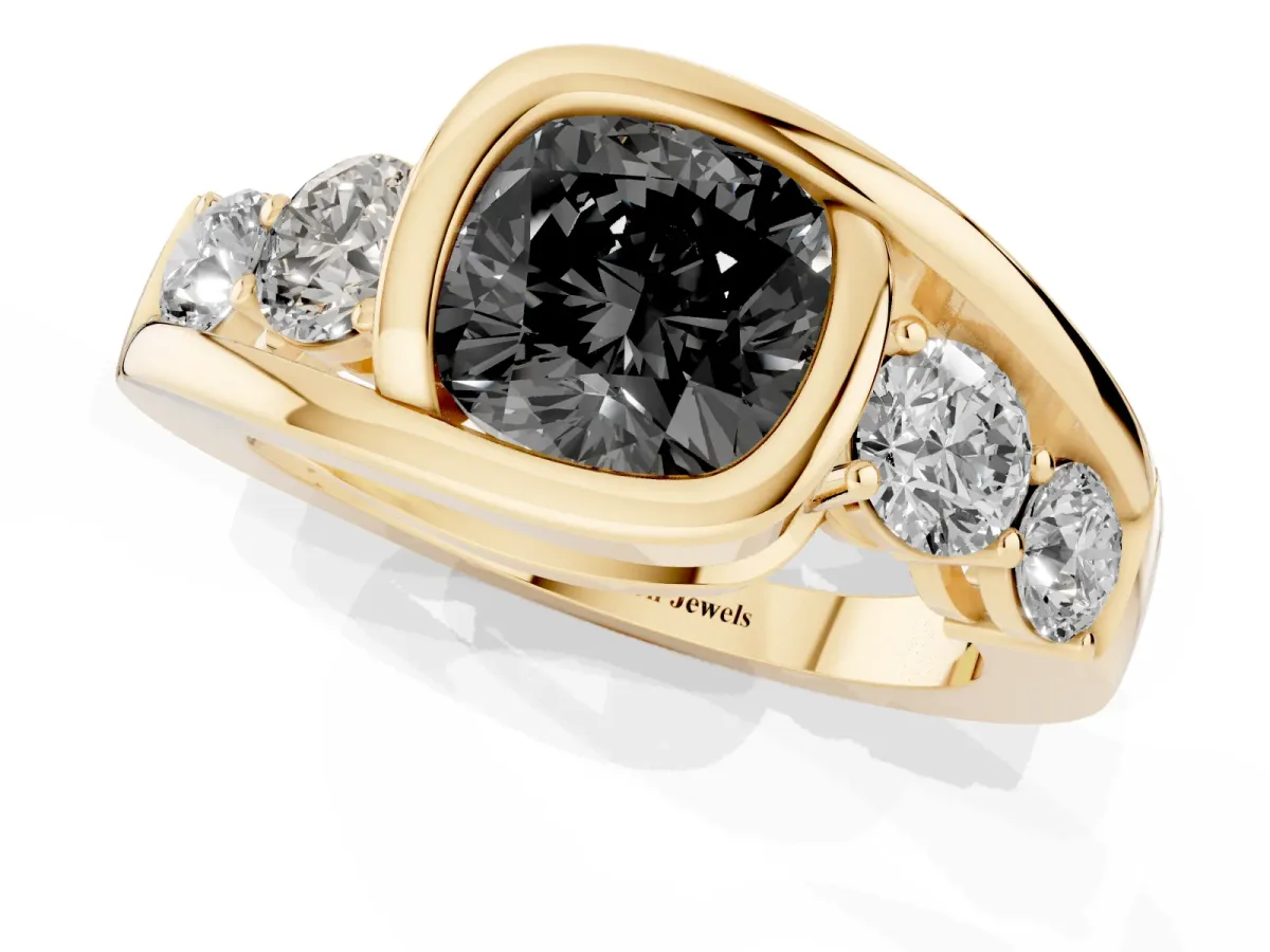 Fancy Black Bezel Set Cushion Cut Diamond Bypass Ring with Round Accents Yellow gold