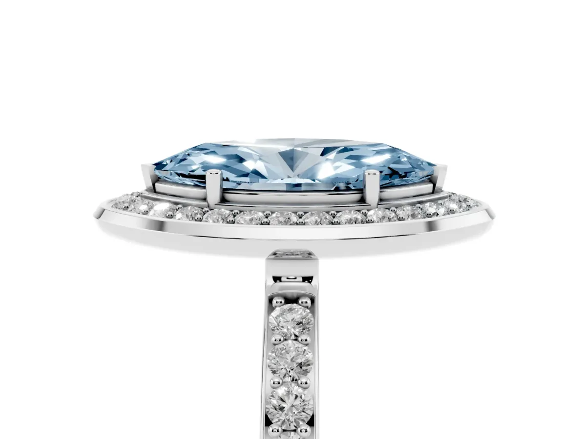 Fancy Blue Marquise Cut Diamond Halo Ring with Bezel Frame and Pavé Band Silver