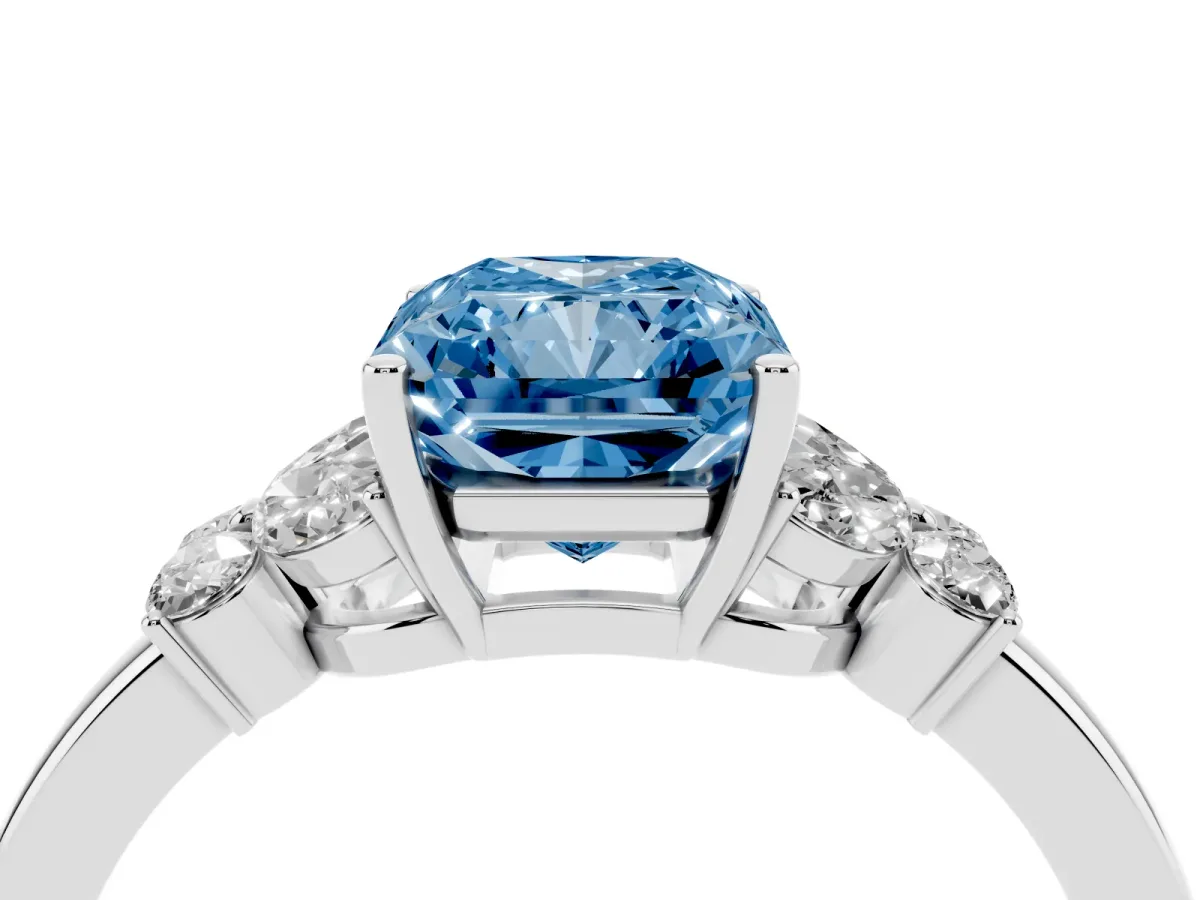 Fancy Blue Radiant Cut Cut Solitaire Floral Diamond Ring with Four-Prong Setting Silver