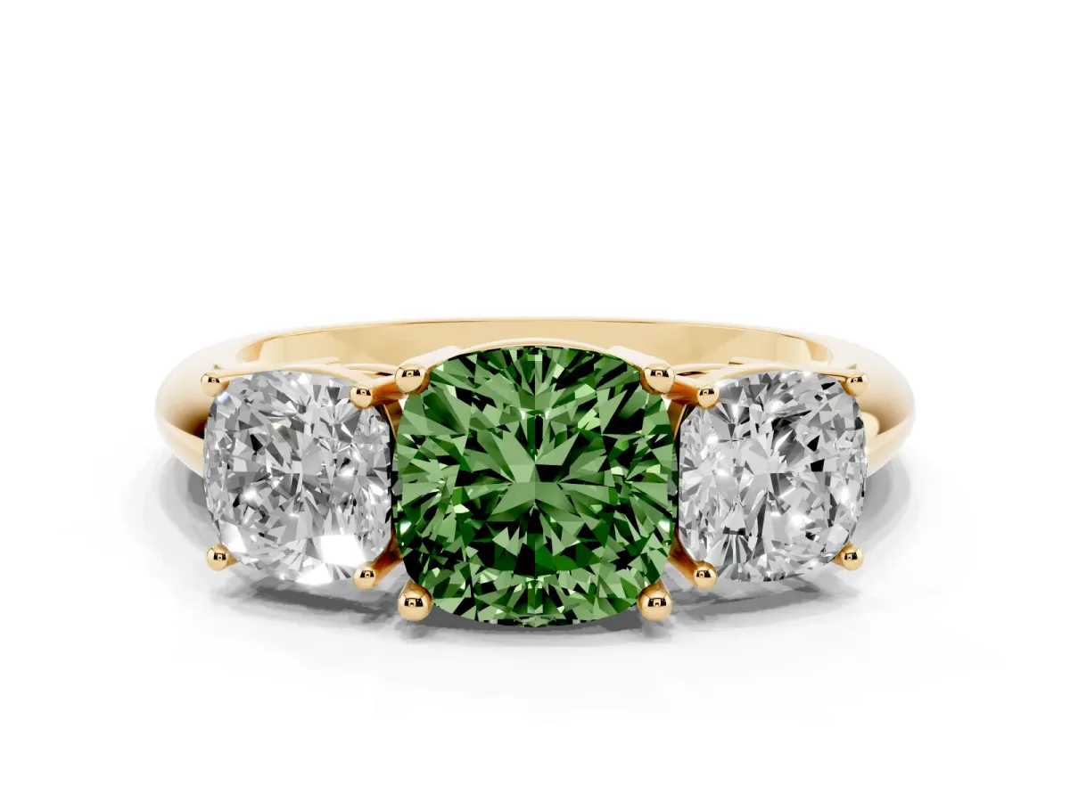 Fancy Green Three-Stone Cushion Cut Cut Diamond Engagement Ring with Prong Setting on a White Gold Band Yellow gold