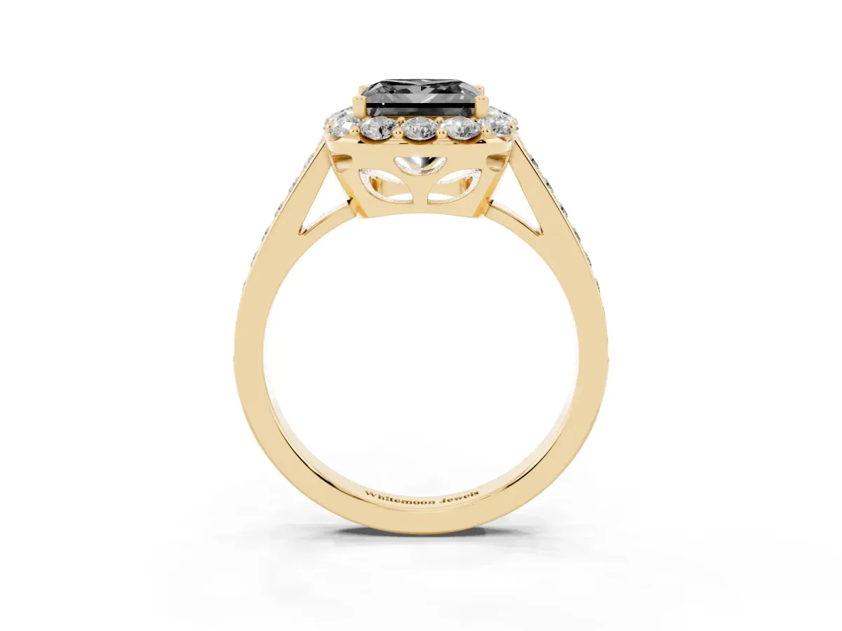 Fancy Black Princess Cut Diamond Floral Halo Ring with Pavé Band and Prong Setting Yellow gold